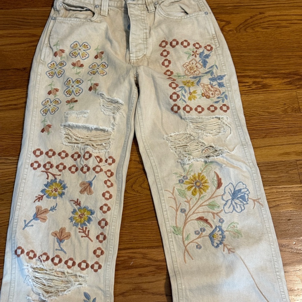 We The Free Blue and Yellow Flare Jeans with Floral Embroidery Size 25 - Picture 4 of 14